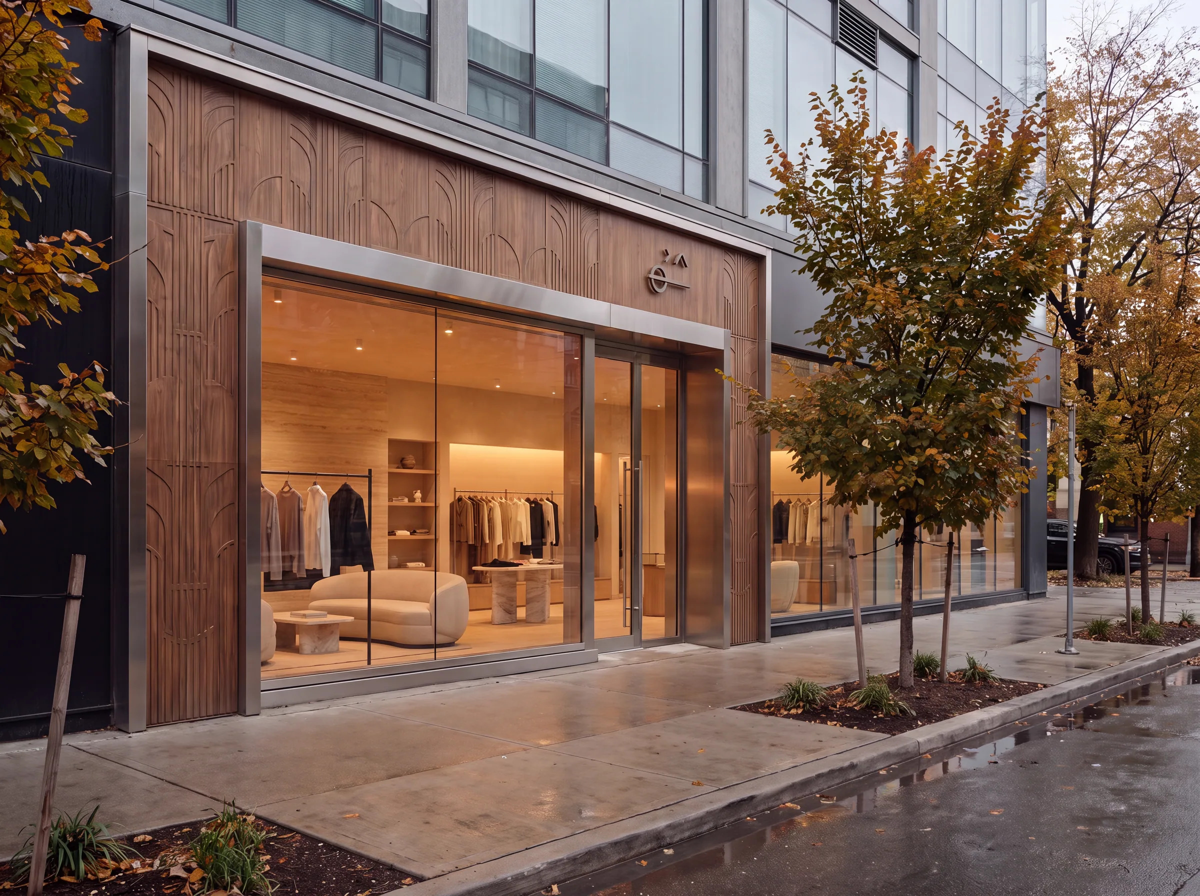 Warm, double-height residential interior opening to a garden