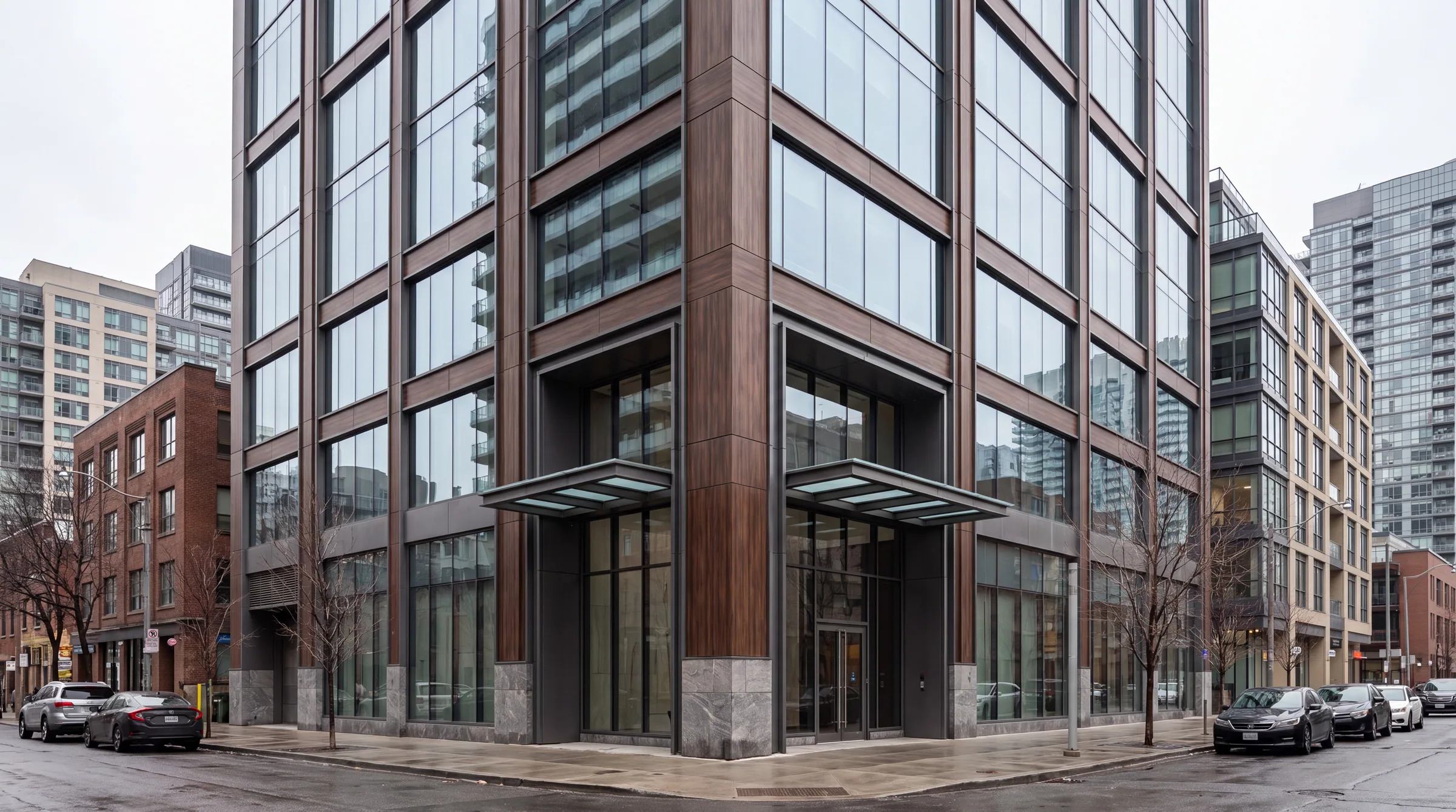 Contemporary urban building with wood-toned facade panels