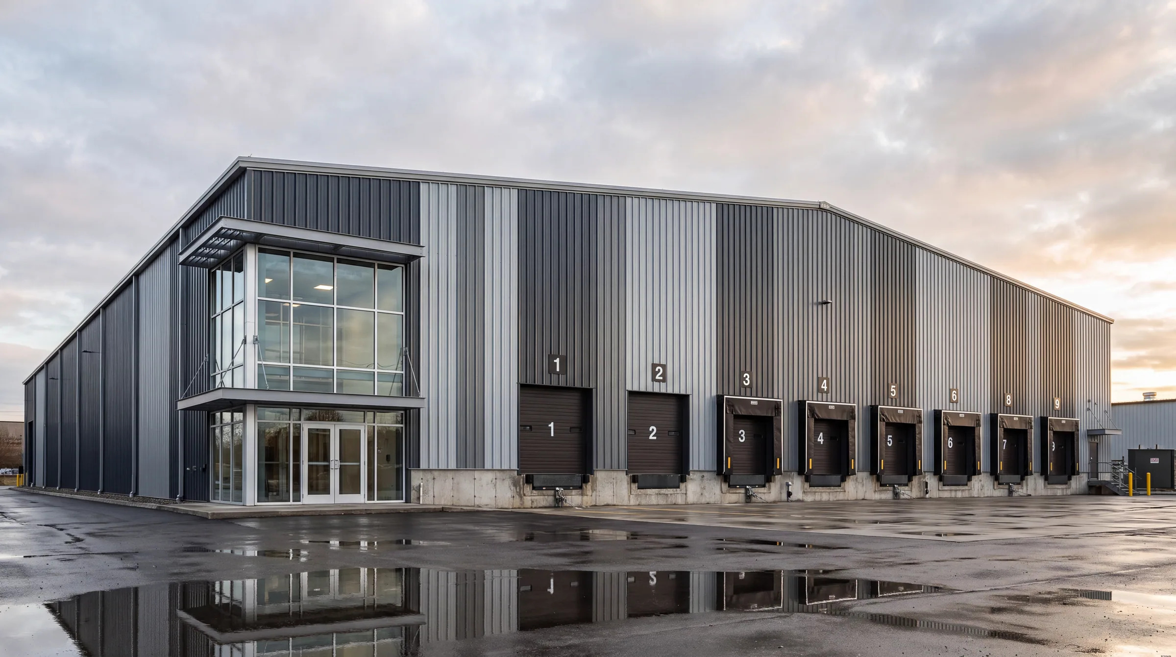 Industrial distribution building with multiple loading bays