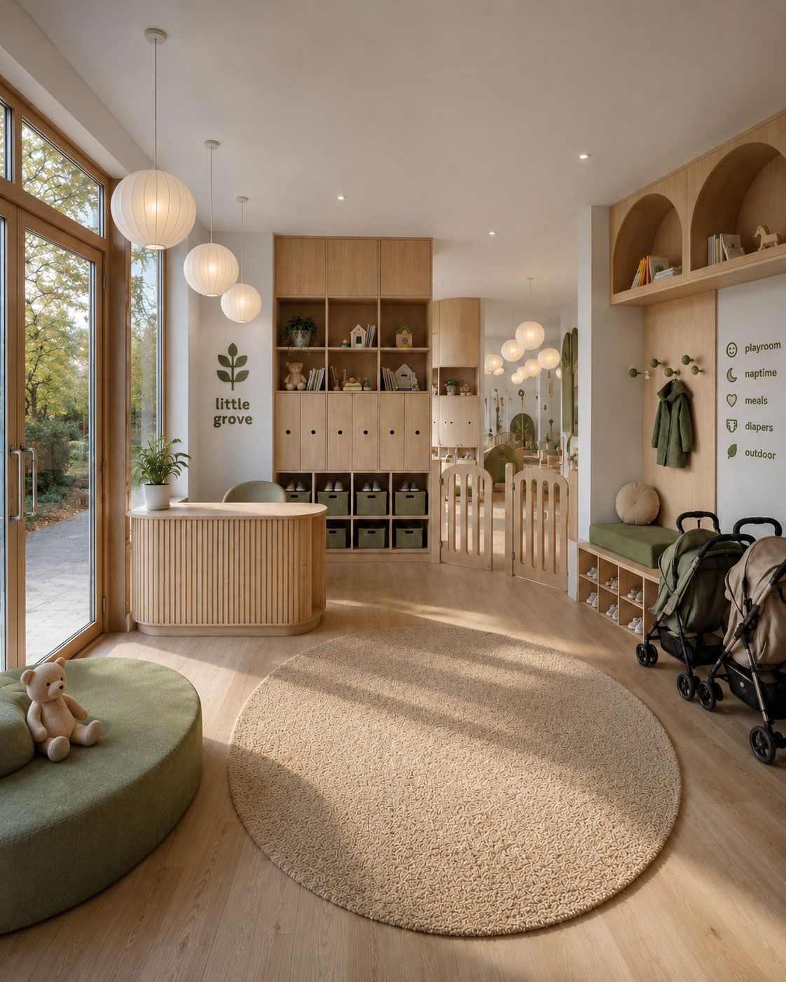 Childcare entry and reception with integrated storage and soft seating