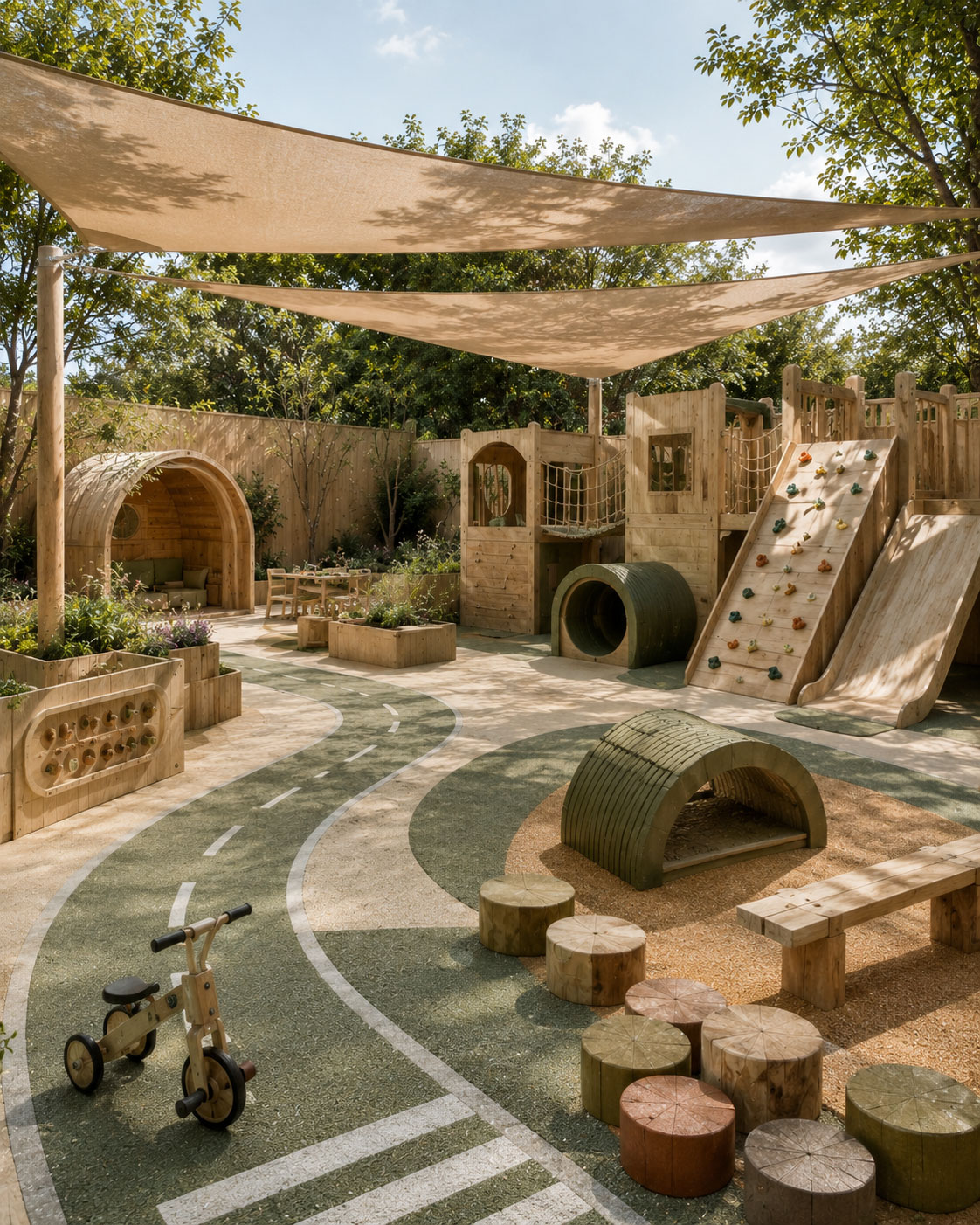 Outdoor childcare play area with natural wood structures, shade sails, and planting