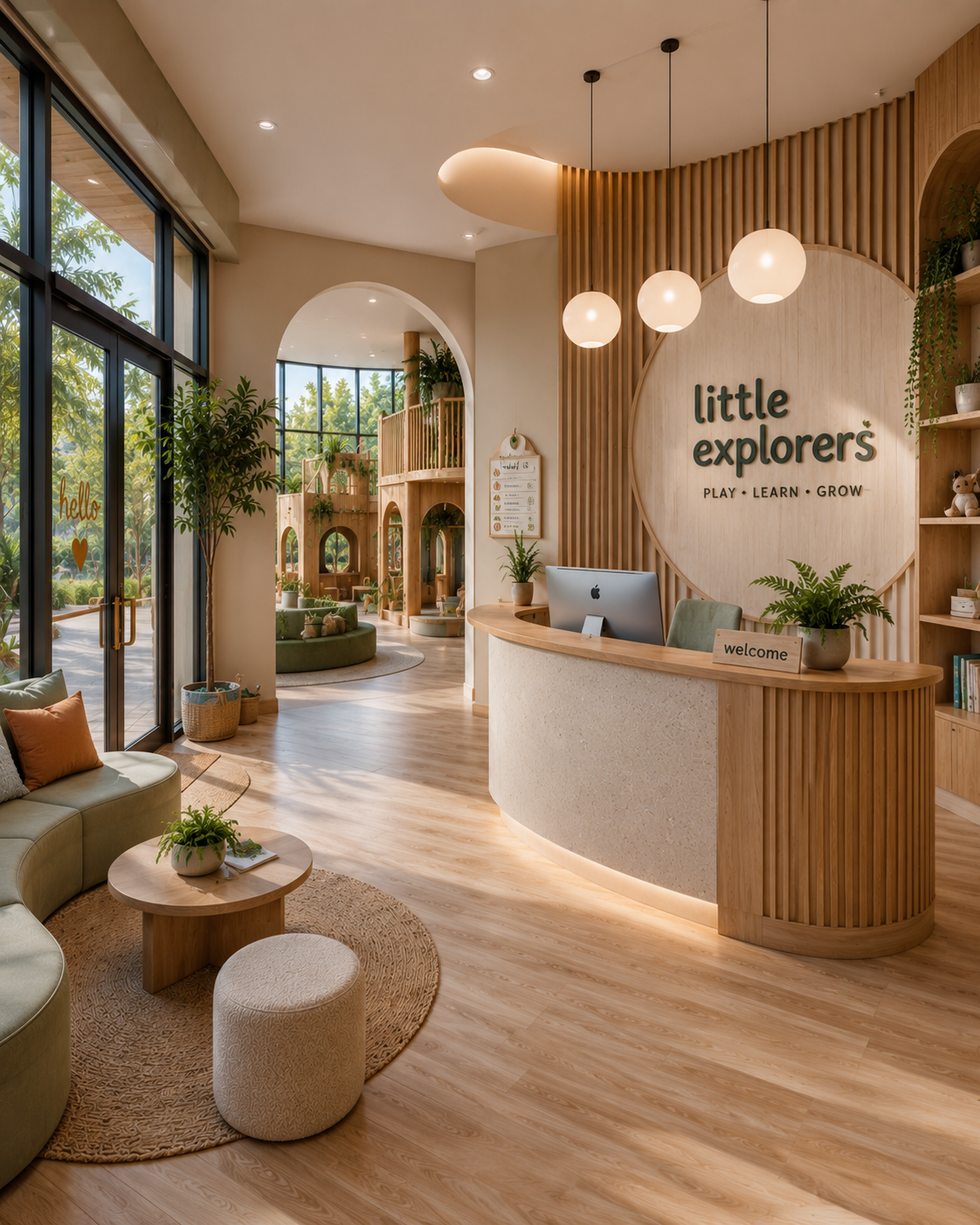 Childcare reception with curved wood details and a welcoming lounge