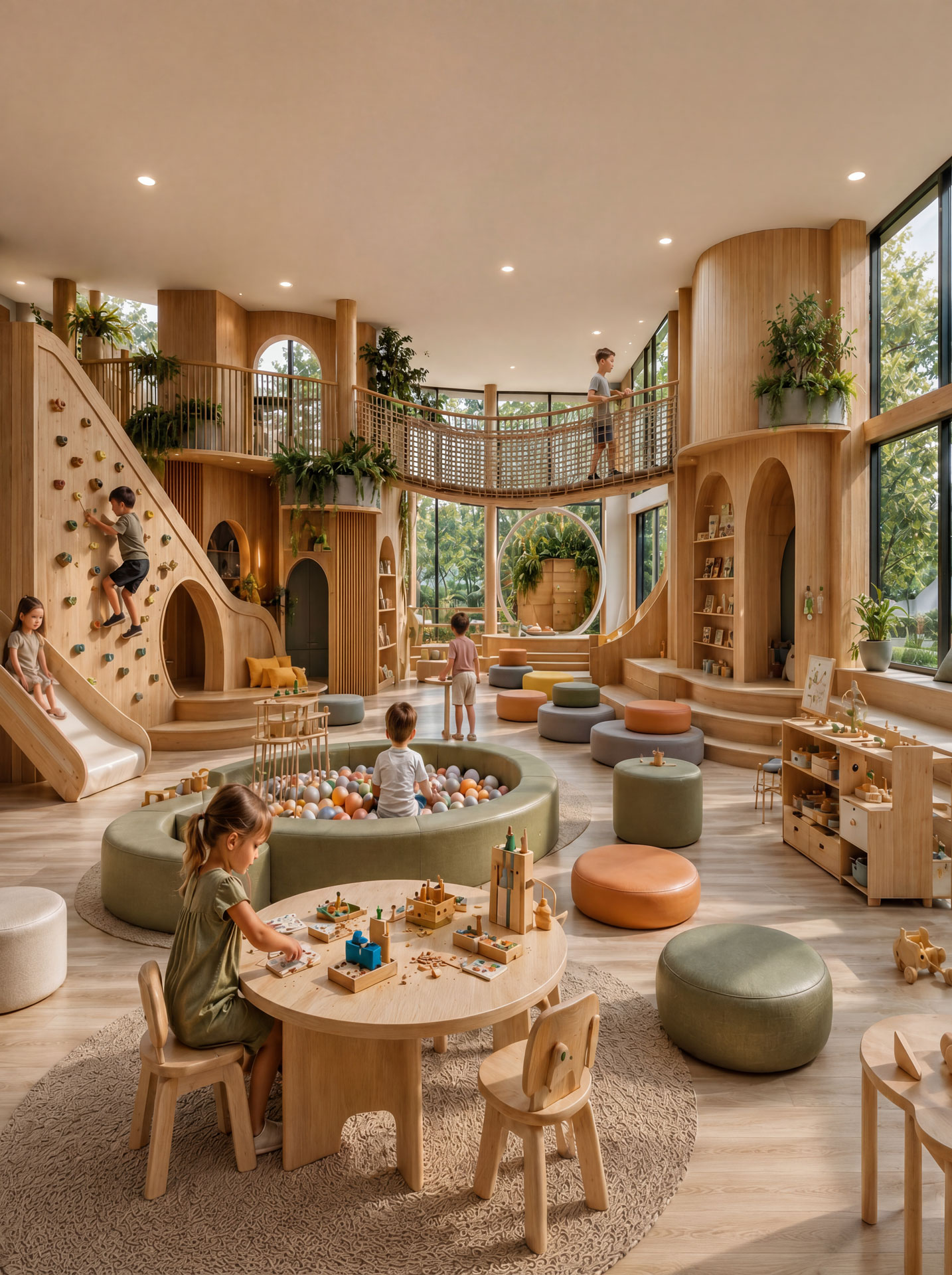 Biophilic childcare play space with climbing features, bridges, and flexible activity zones