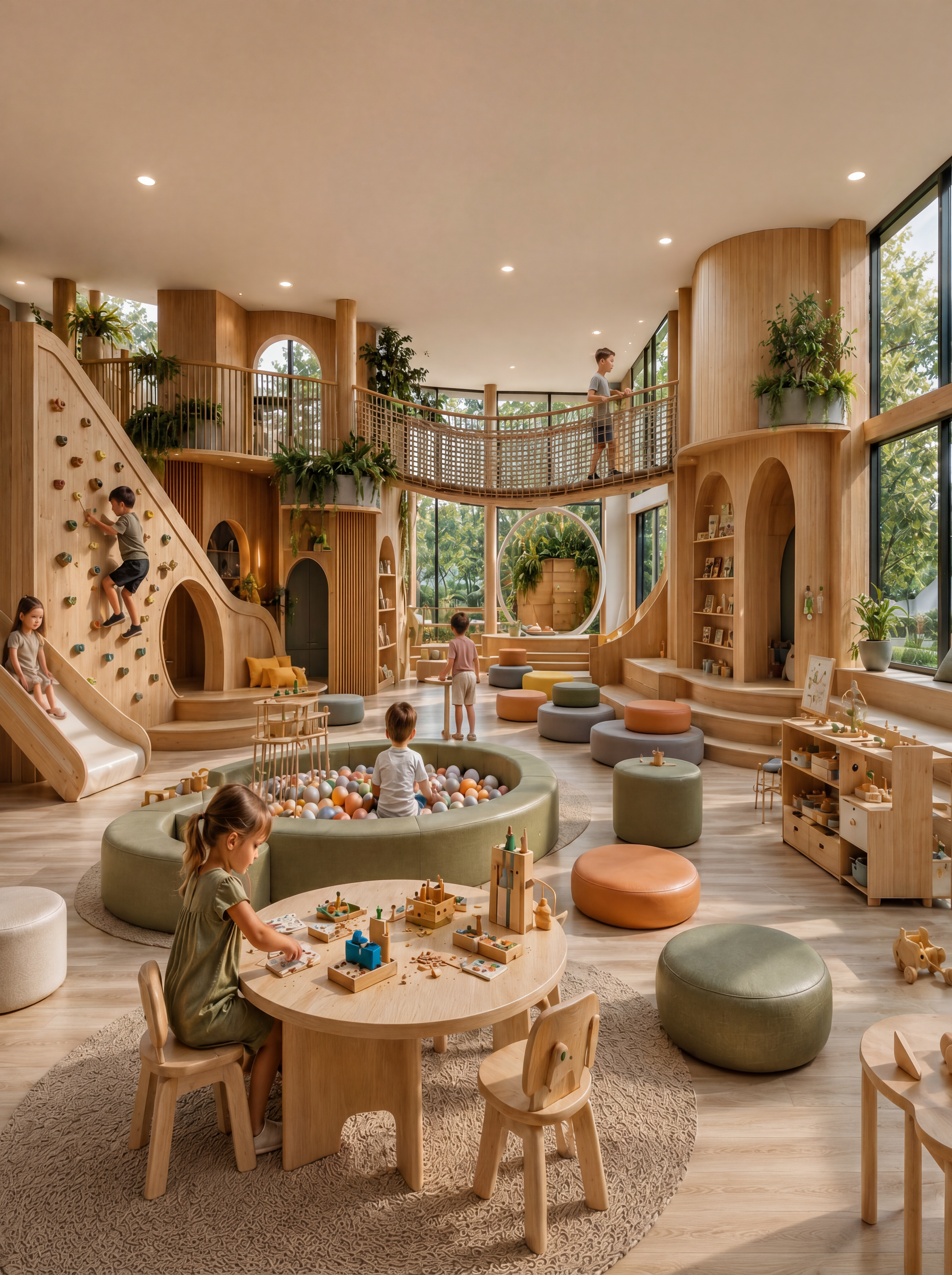Biophilic childcare play space with climbing features, bridges, and flexible activity zones