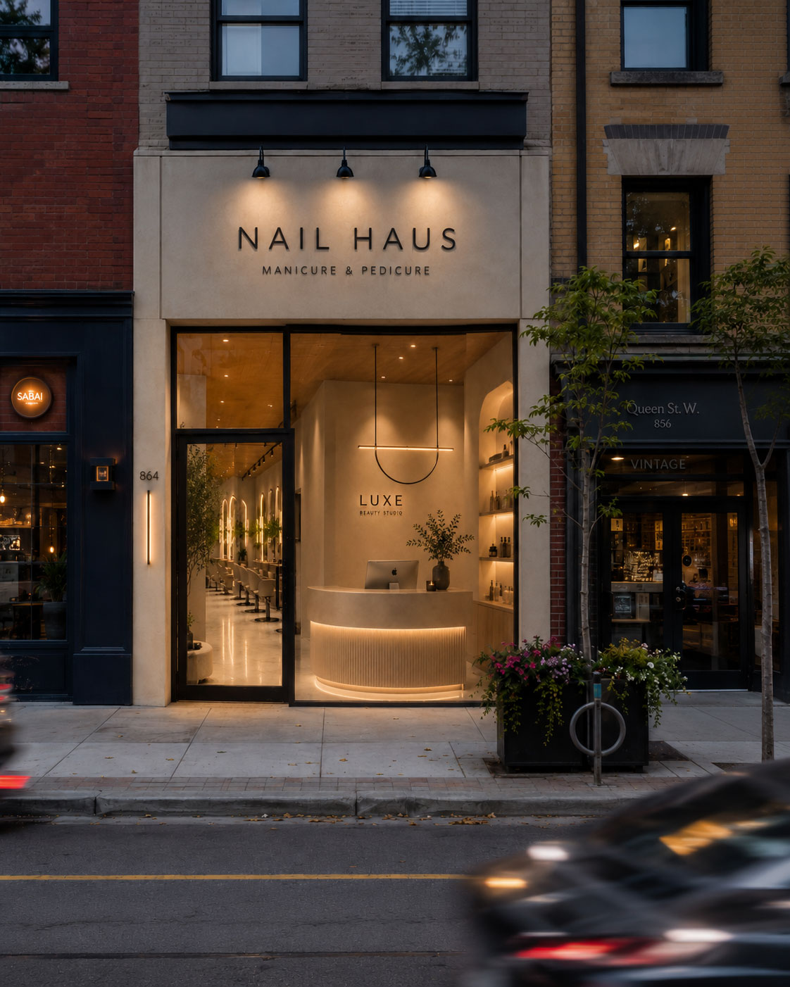 Beauty salon storefront with a warmly illuminated reception visible from the street