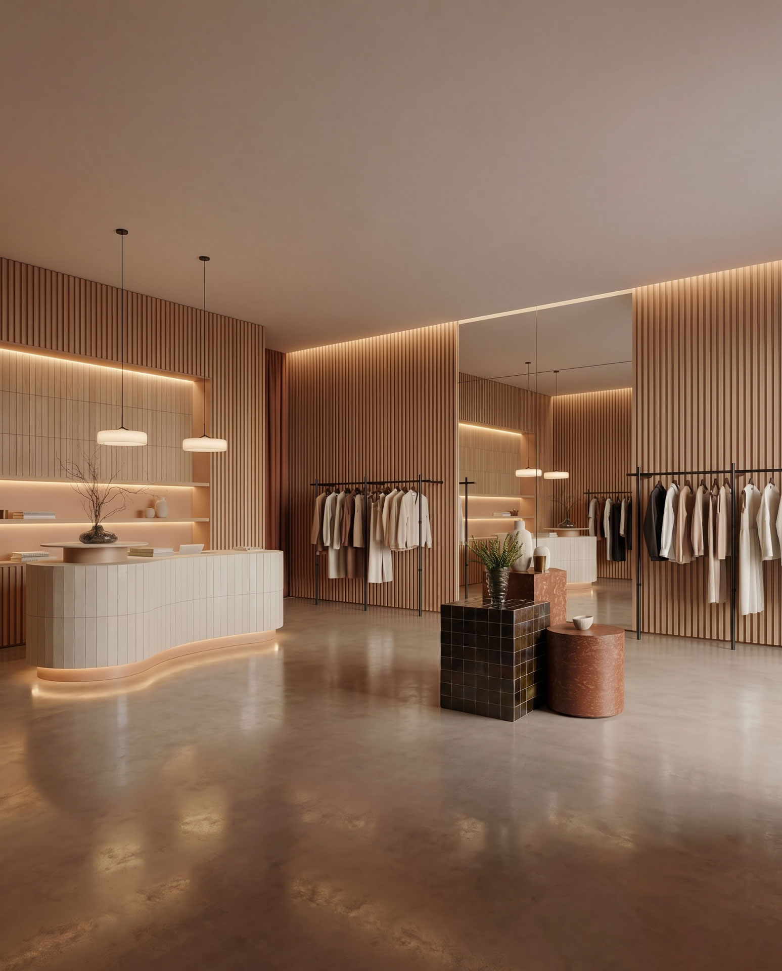 Minimal boutique interior with curved display counters, clothing racks, and warm wood detailing