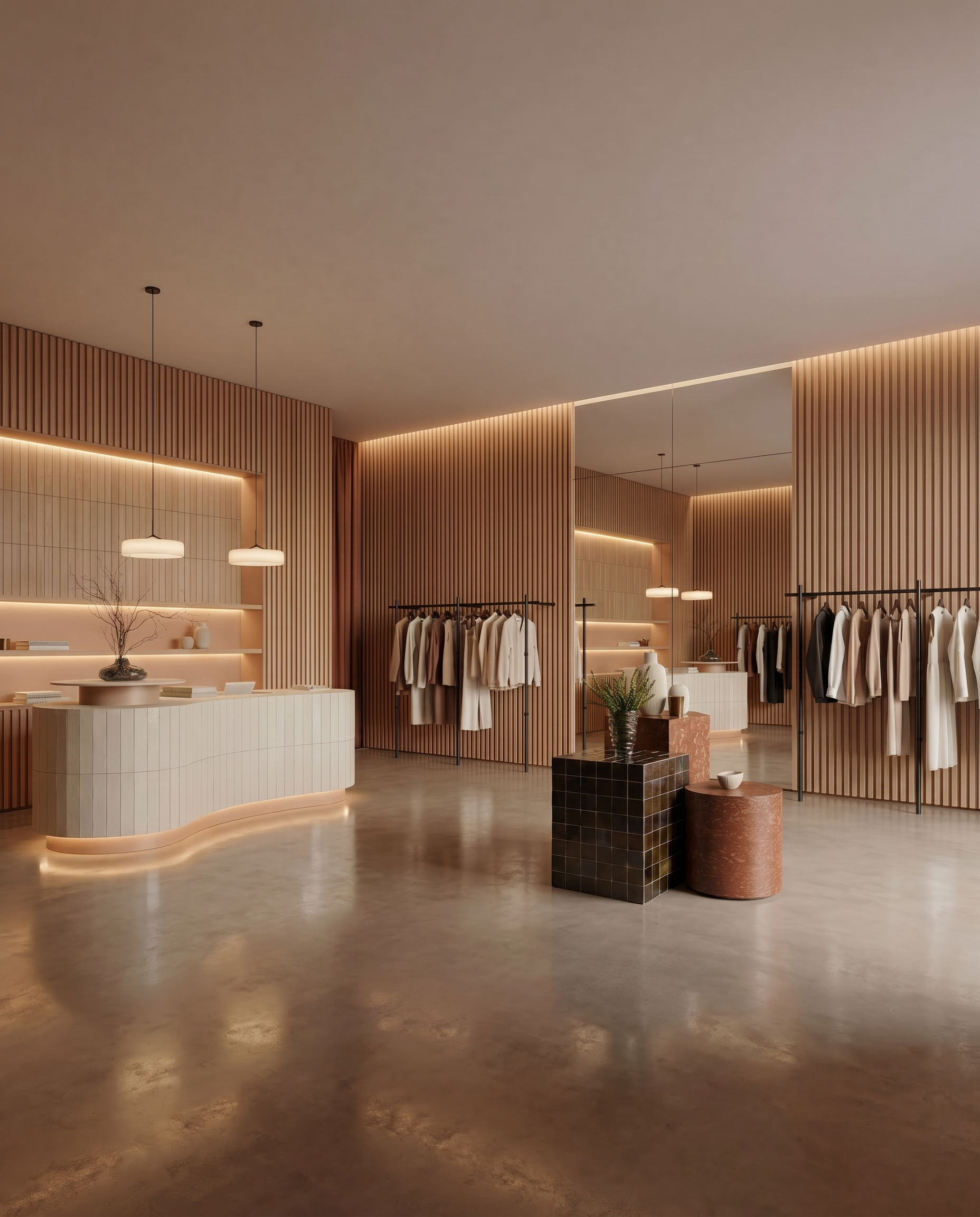 Minimal boutique interior with curved display counters, clothing racks, and warm wood detailing