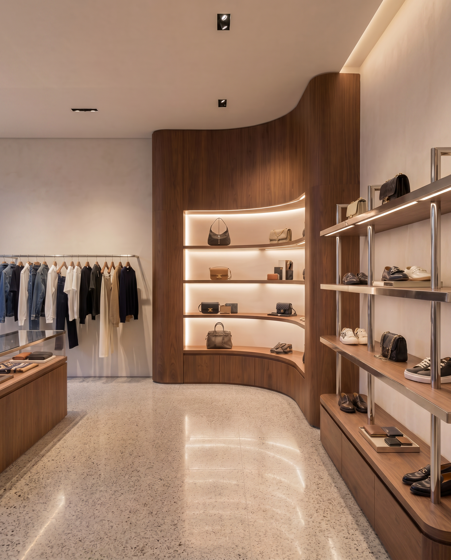 Boutique accessories display with curved walnut millwork and integrated lighting