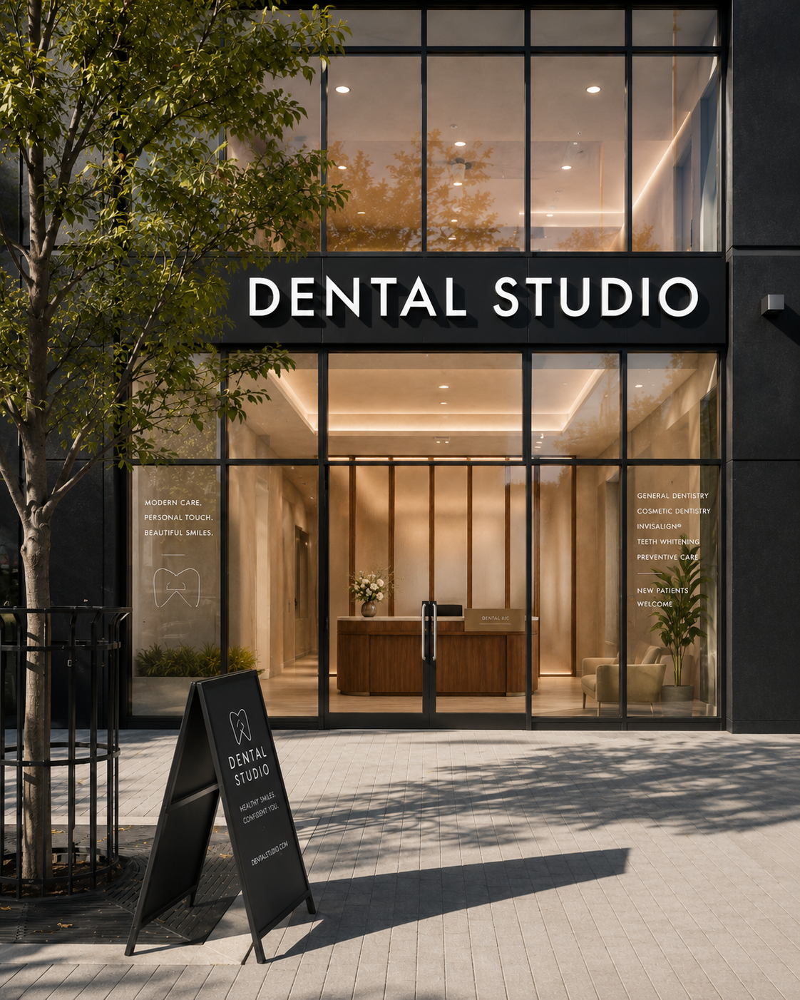 Dental clinic storefront with a transparent reception frontage