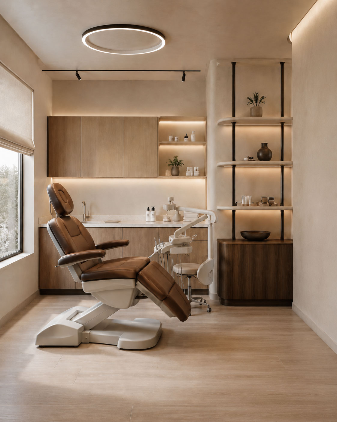 Dental treatment suite with custom cabinetry and display shelving