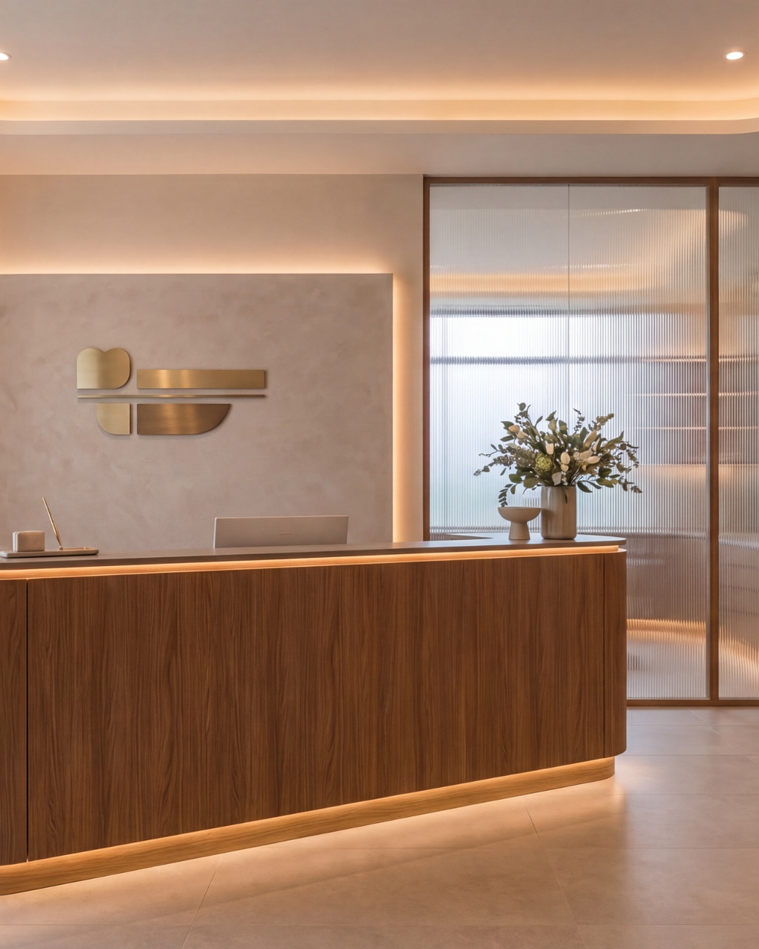 Detailed view of the clinic reception desk and illuminated feature wall