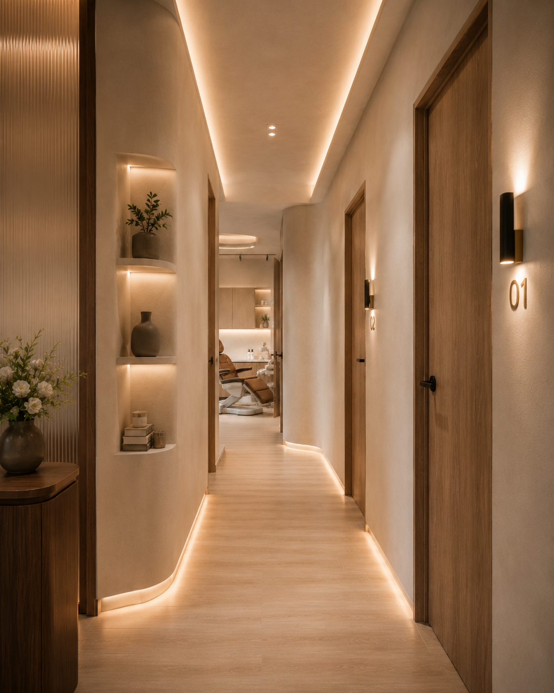 Healthcare corridor with integrated lighting, warm wood doors, and softly curved details