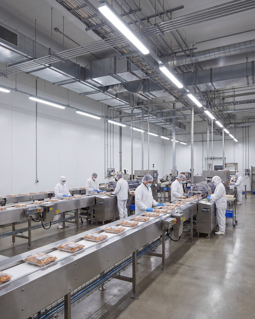 Food production facility with coordinated processing lines and overhead building services