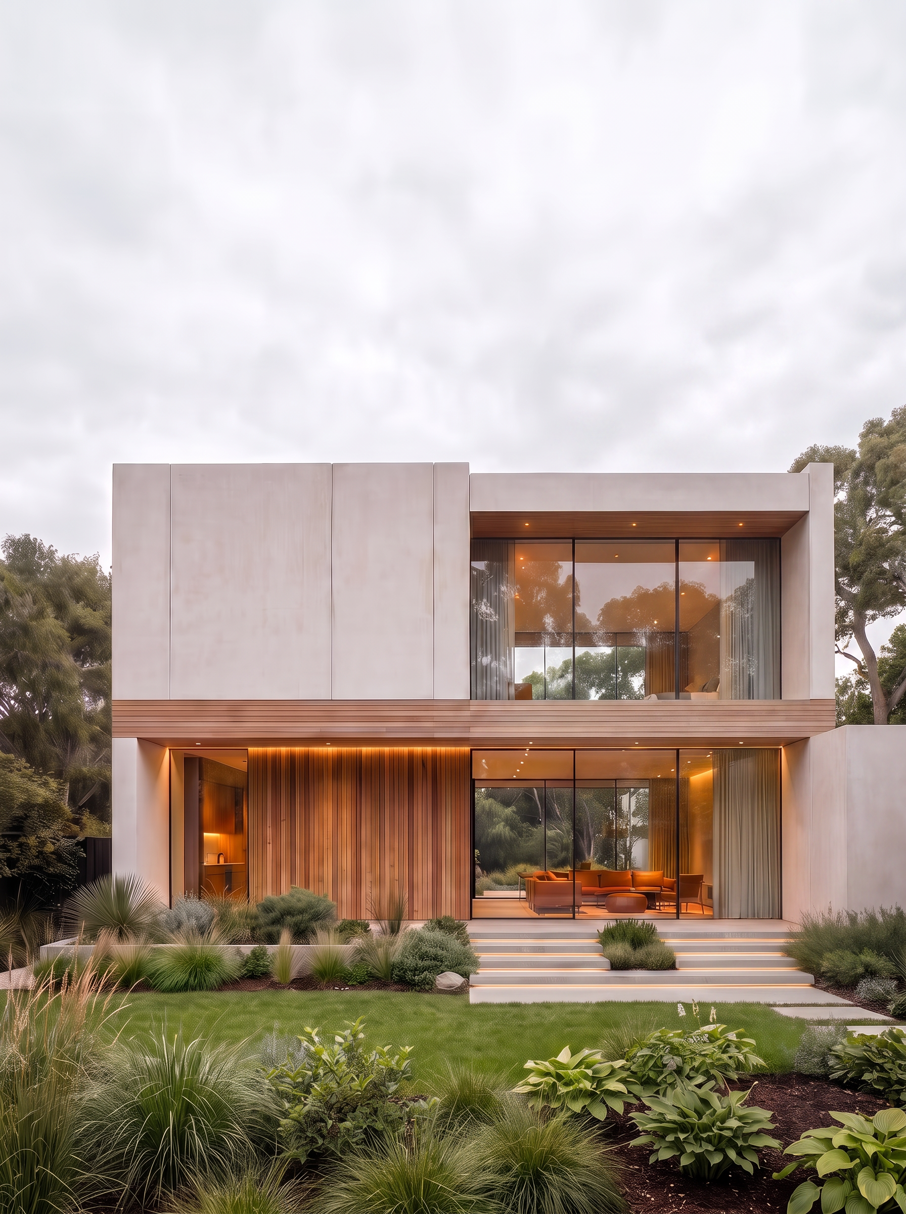 Modern two-storey residence with warm wood cladding, large windows, and a landscaped garden
