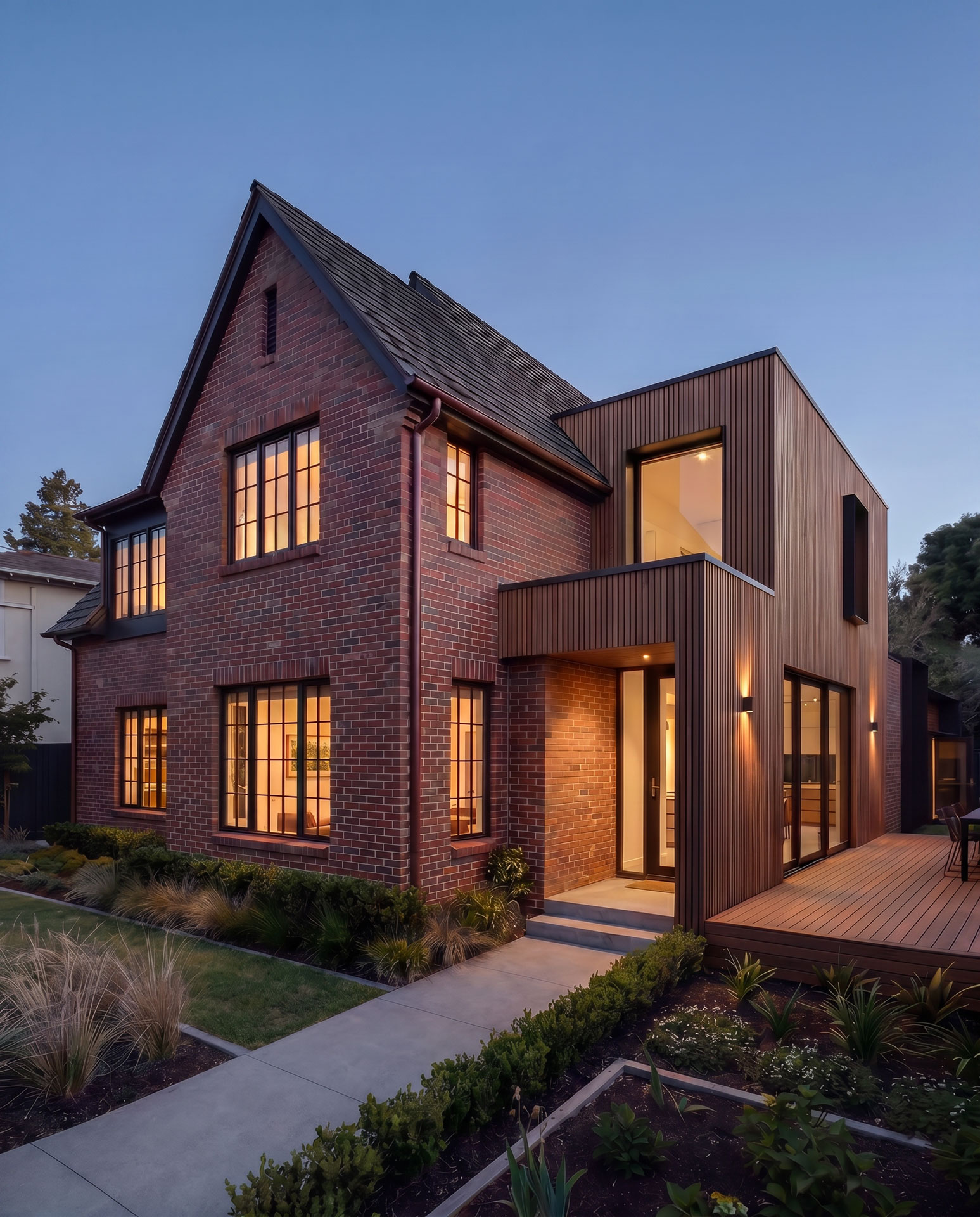 Brick residence with a contemporary wood-clad addition and softly illuminated interiors