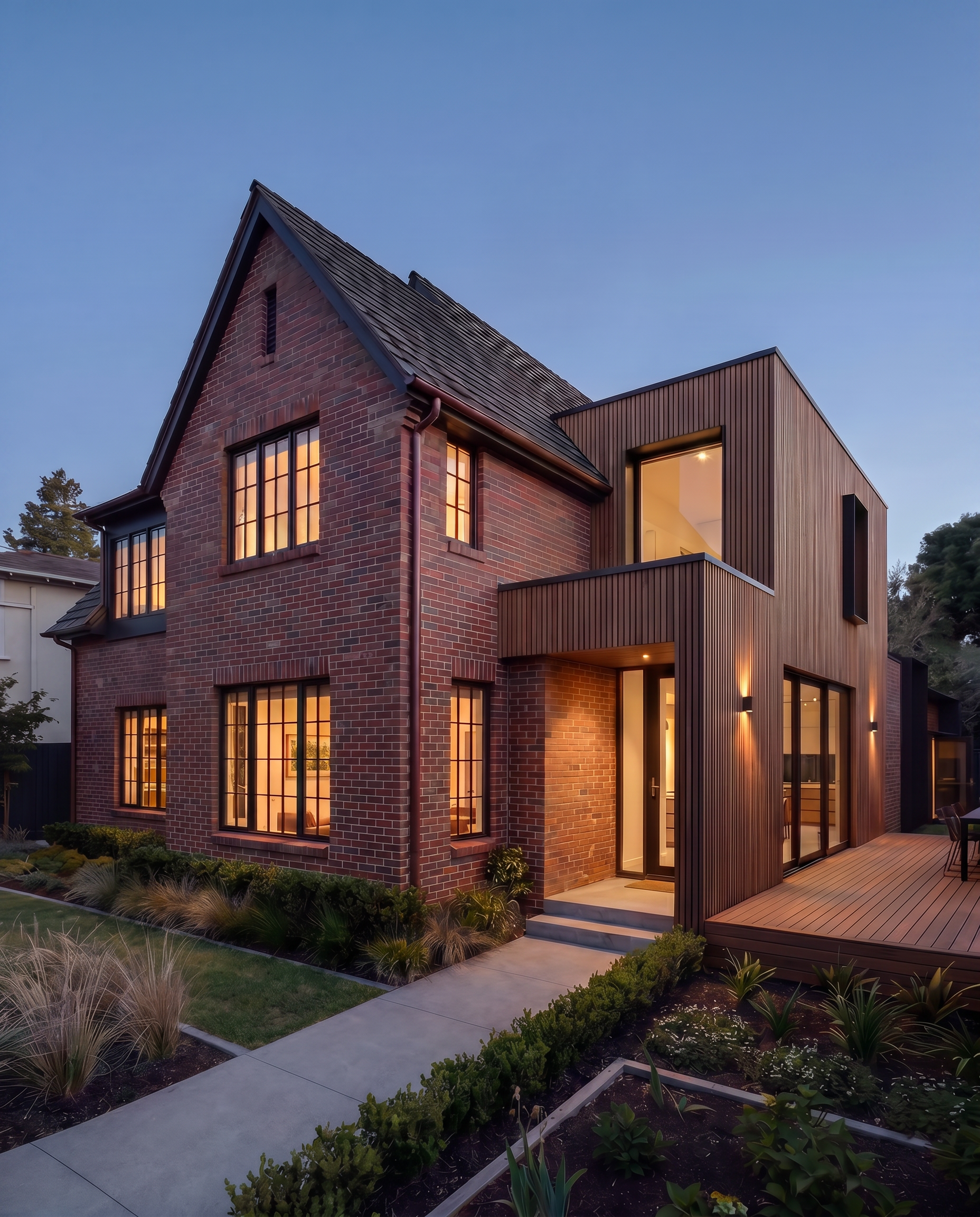 Brick residence with a contemporary wood-clad addition and softly illuminated interiors