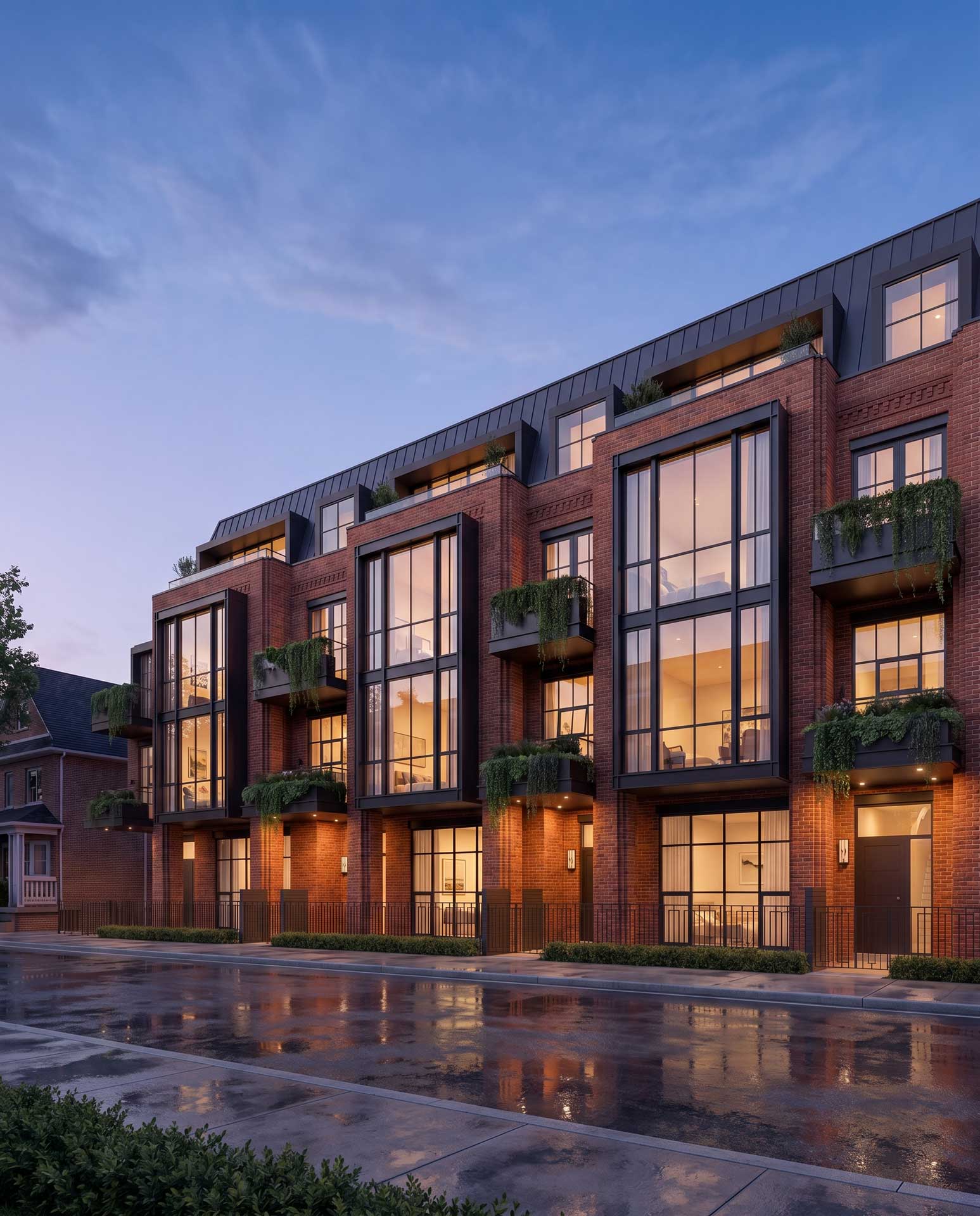 Urban brick townhomes with large windows, rooftop terraces, and integrated planting