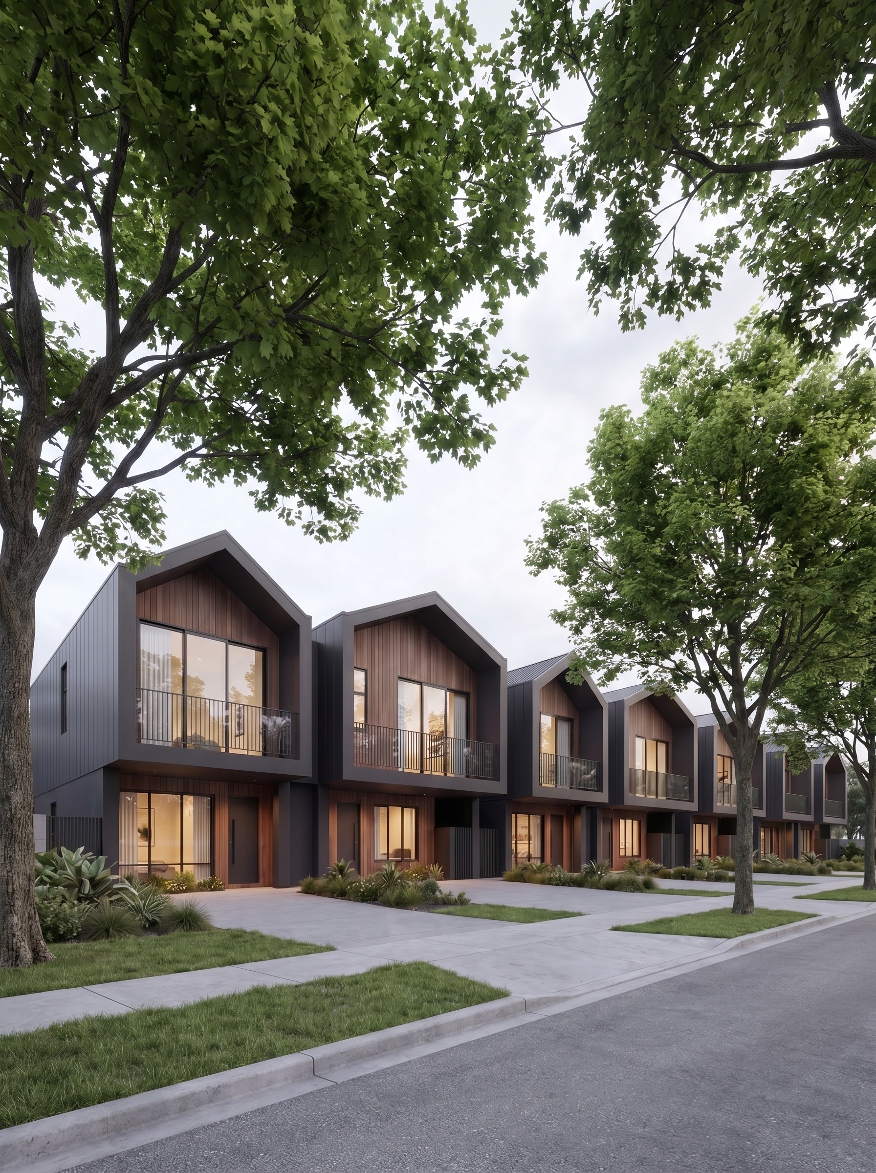 Row of modern gabled townhomes framed by mature trees and landscaped front yards