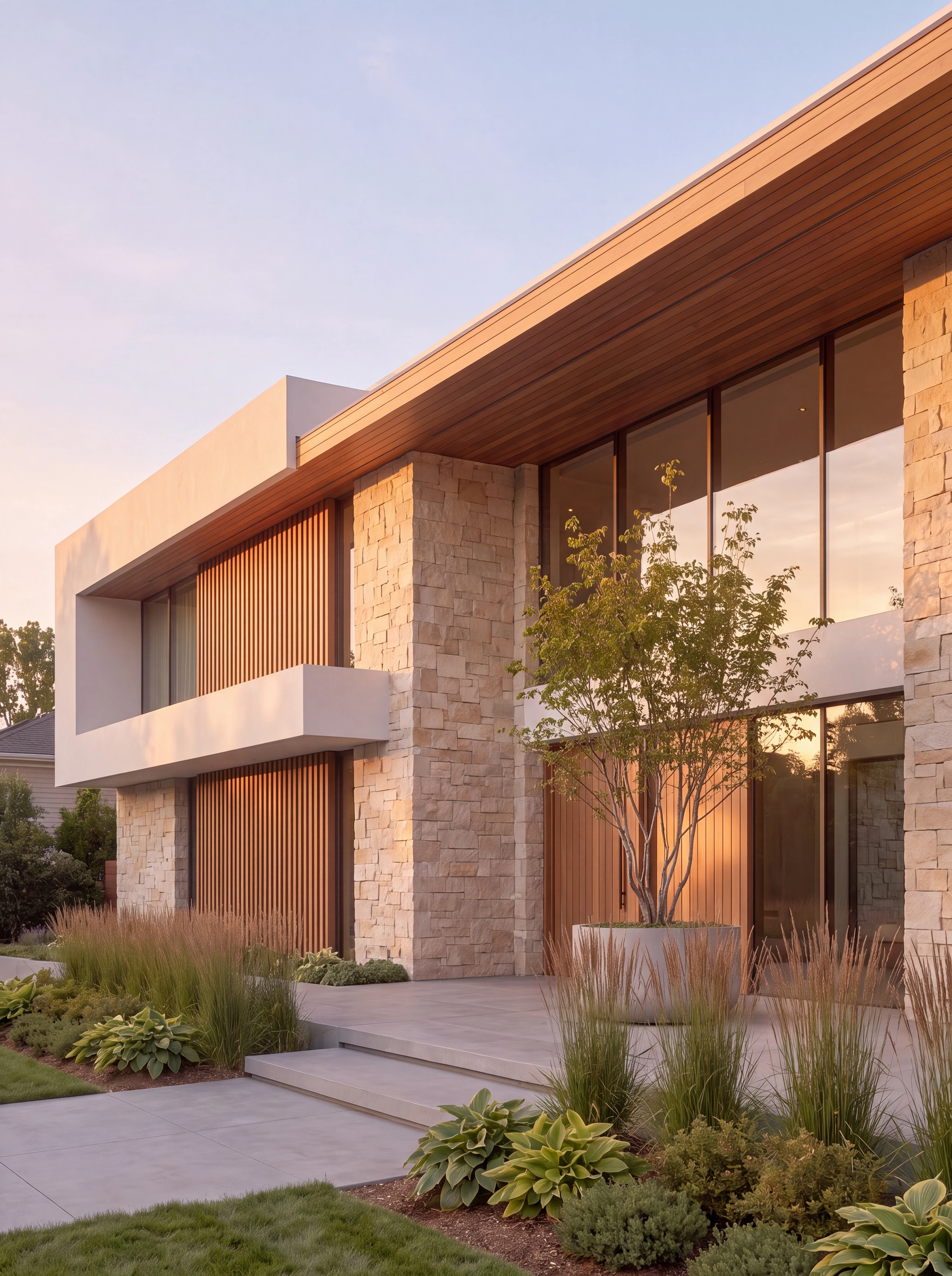 Modern residence with stone walls, warm wood soffits, expansive glazing, and layered landscaping