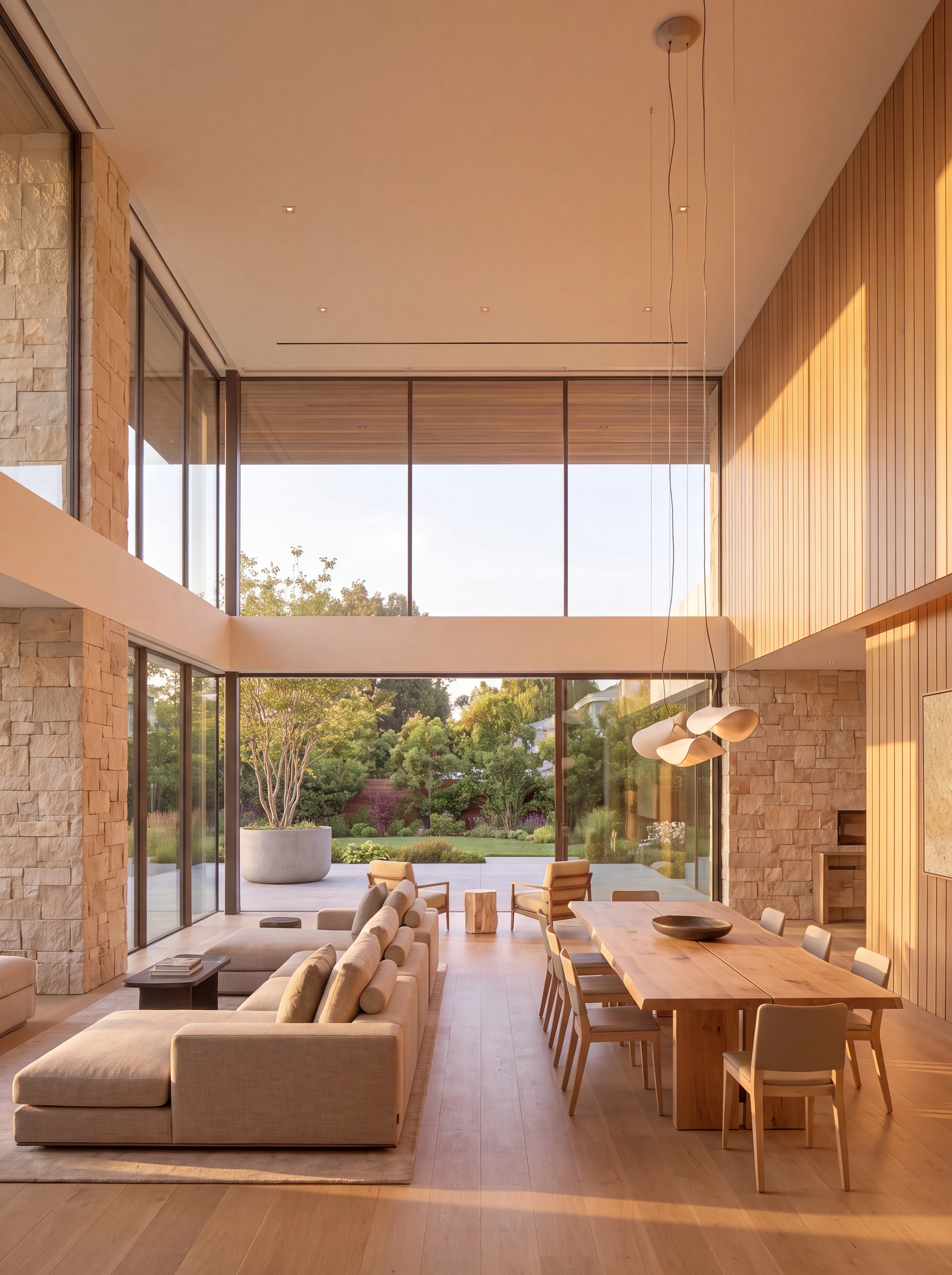 Double-height residential living and dining space with stone walls, warm wood finishes, and garden views