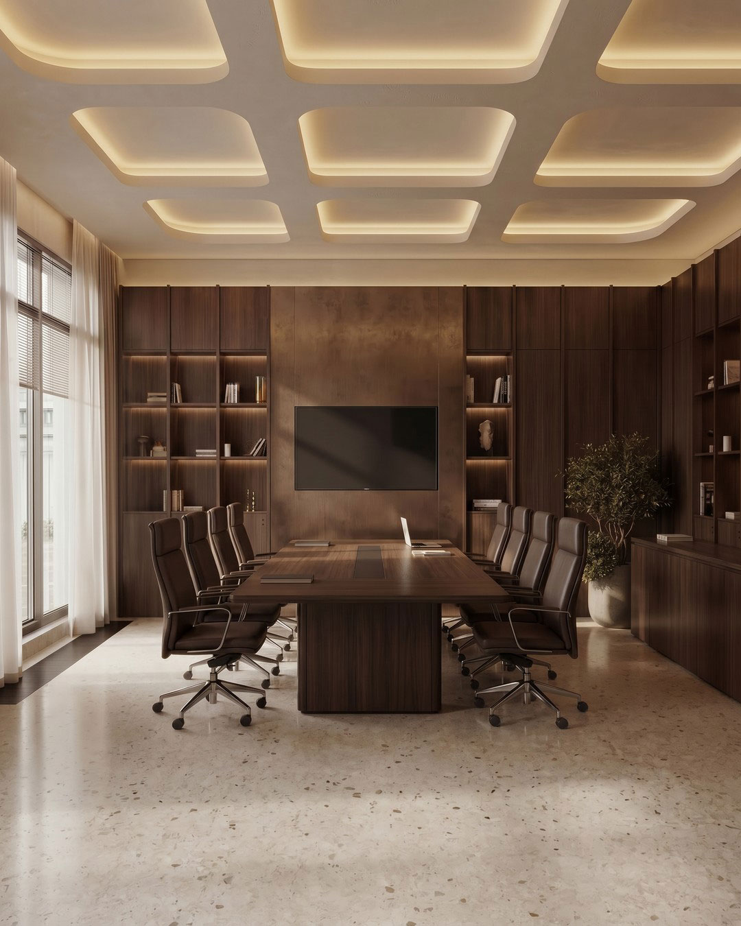 Executive boardroom with walnut millwork and illuminated ceiling coffers