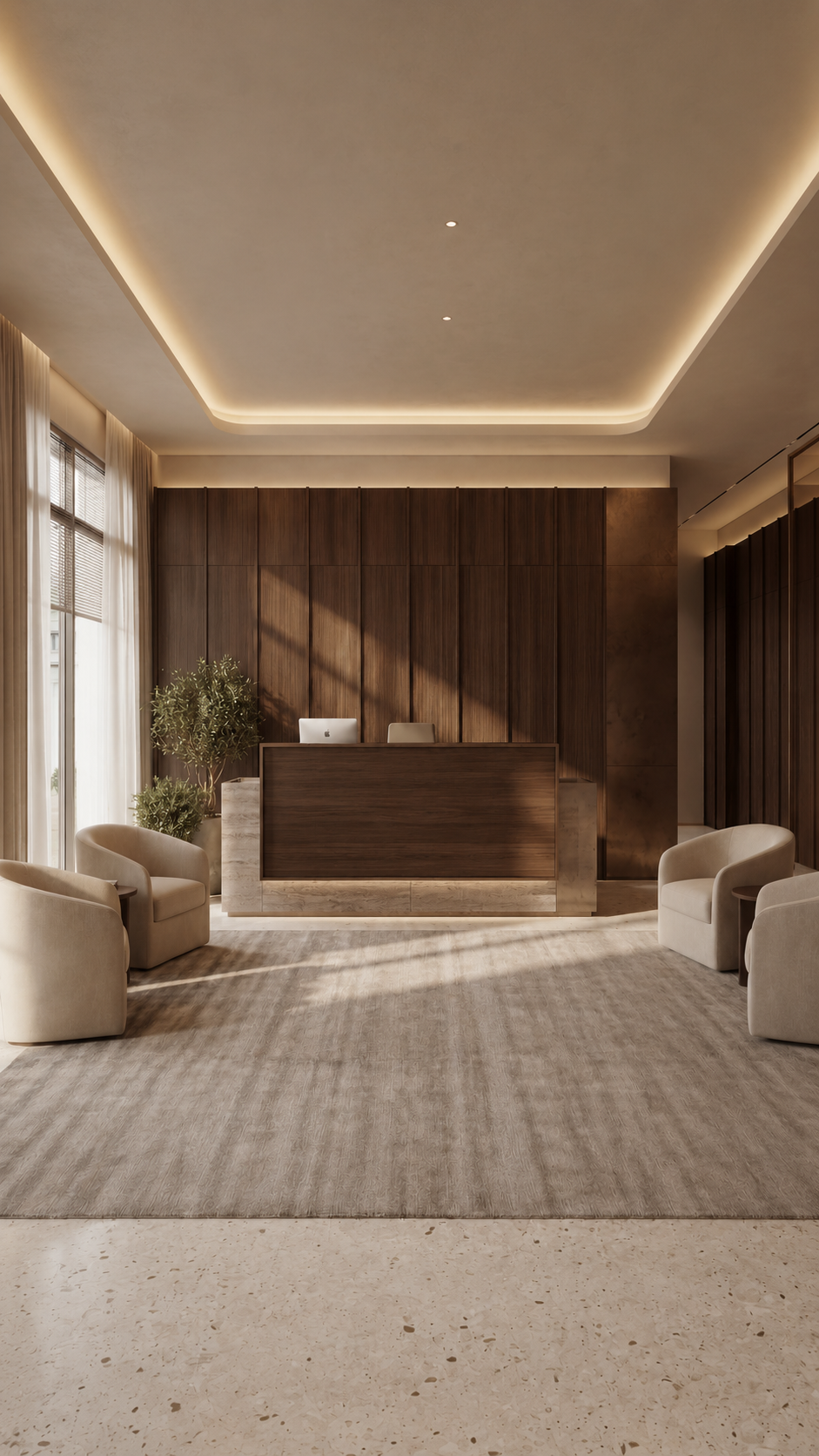 Workplace reception with walnut millwork and soft lounge seating