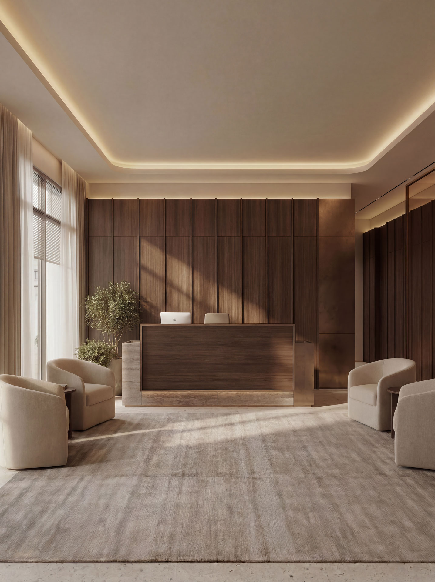 Workplace reception with walnut millwork and soft lounge seating