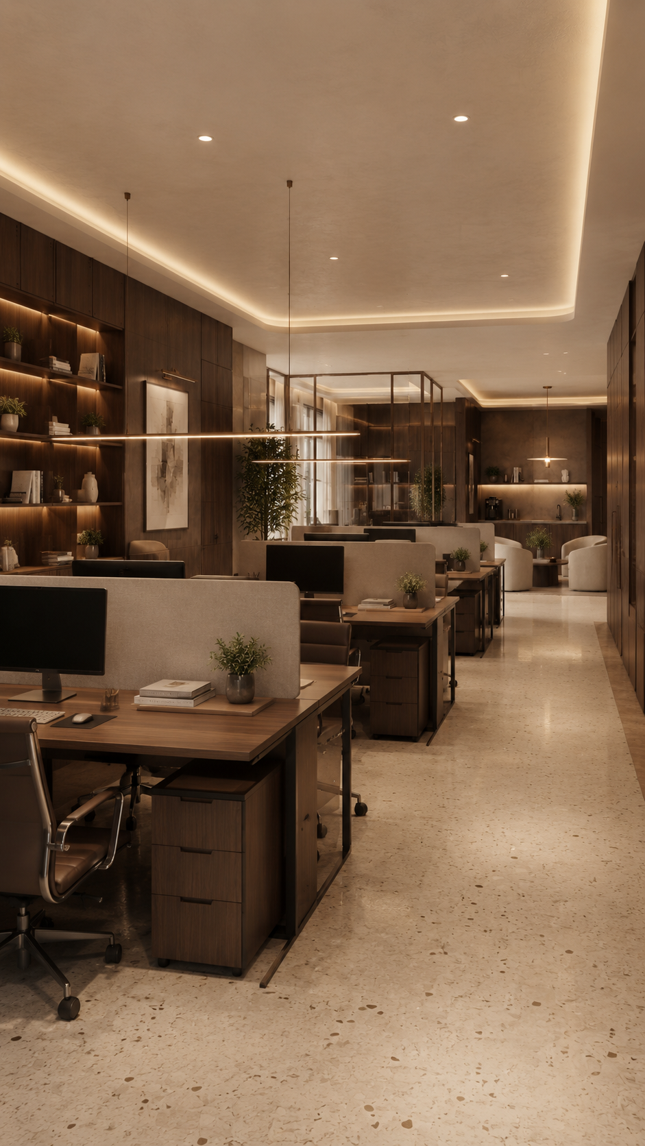 Open workplace with integrated lighting, workstations, and warm wood finishes