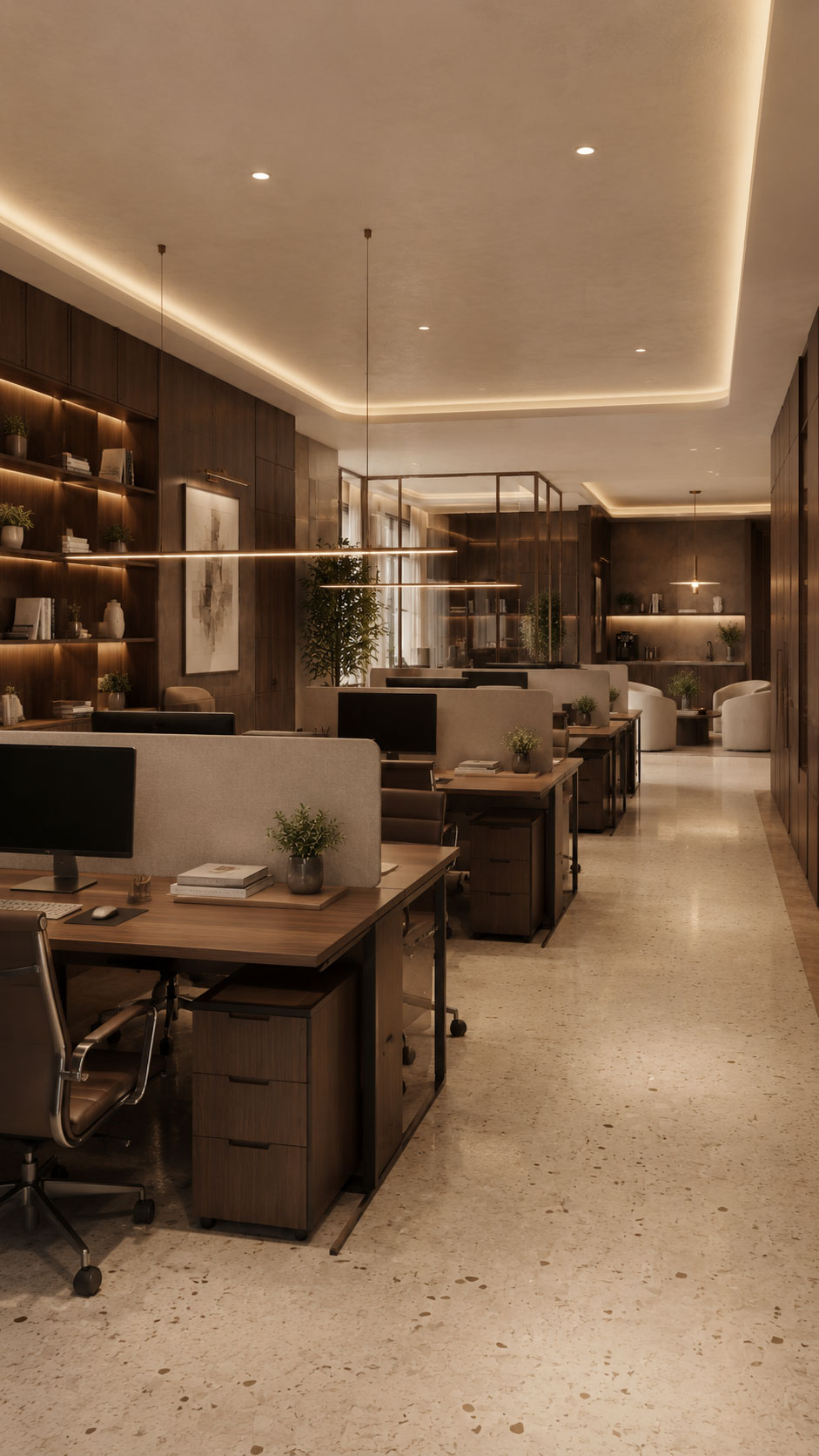 Open workplace with integrated lighting, workstations, and warm wood finishes