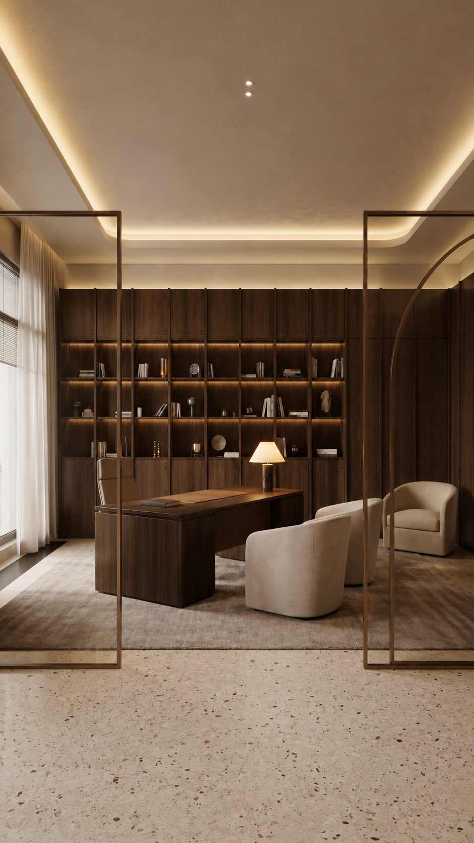 Private office framed with bronze-toned glass partitions