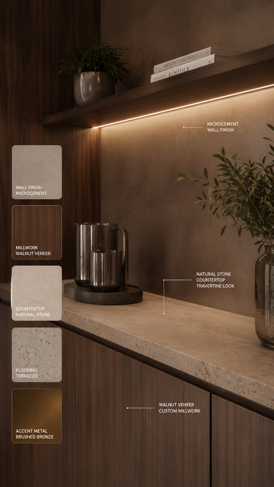 Workplace material palette featuring walnut, stone, terrazzo, and bronze